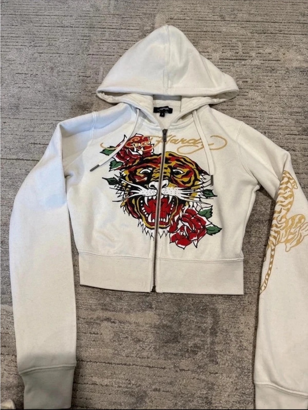 Ed Hardy White Zip-Up Hoodie with Tiger & Rose Motif